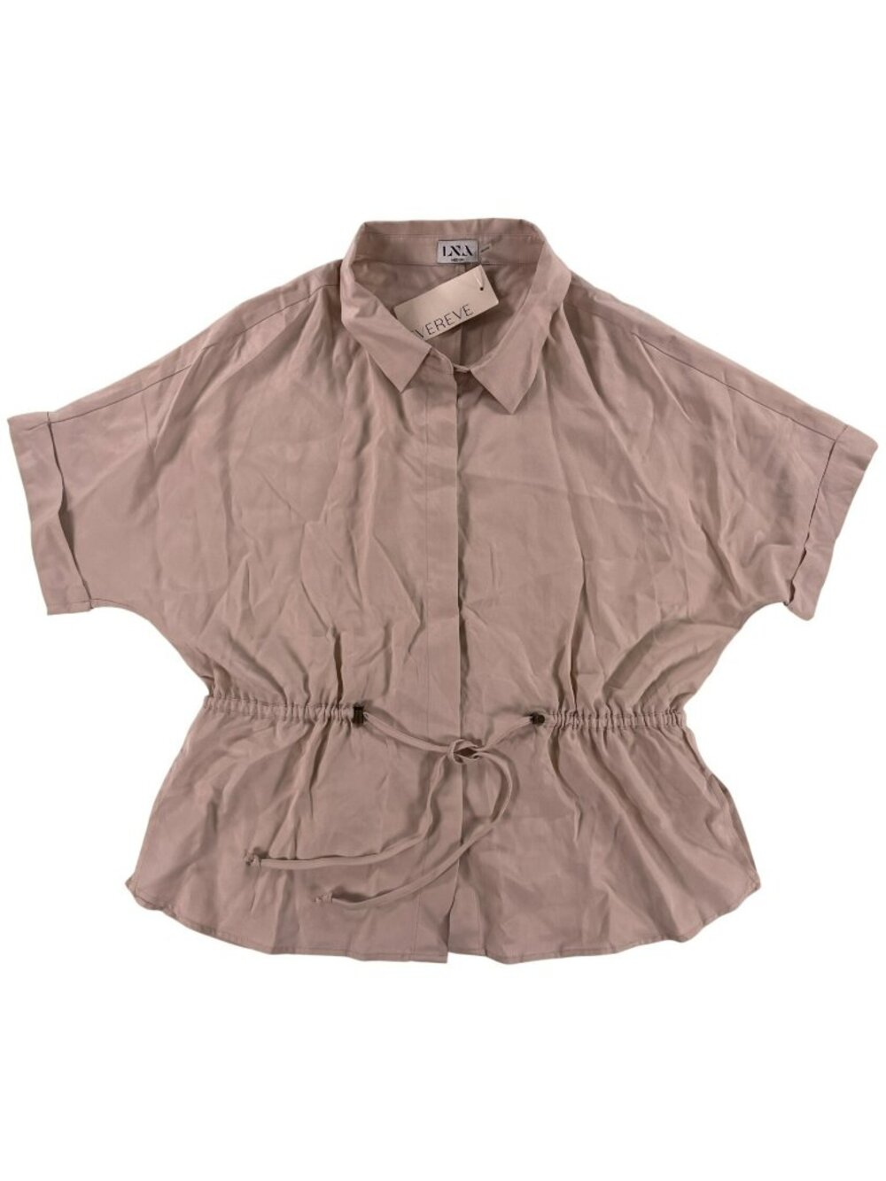 LNA Anniston Taupe Short Sleeve Blouse Drawstring Waist Women's Size M $118 NEW